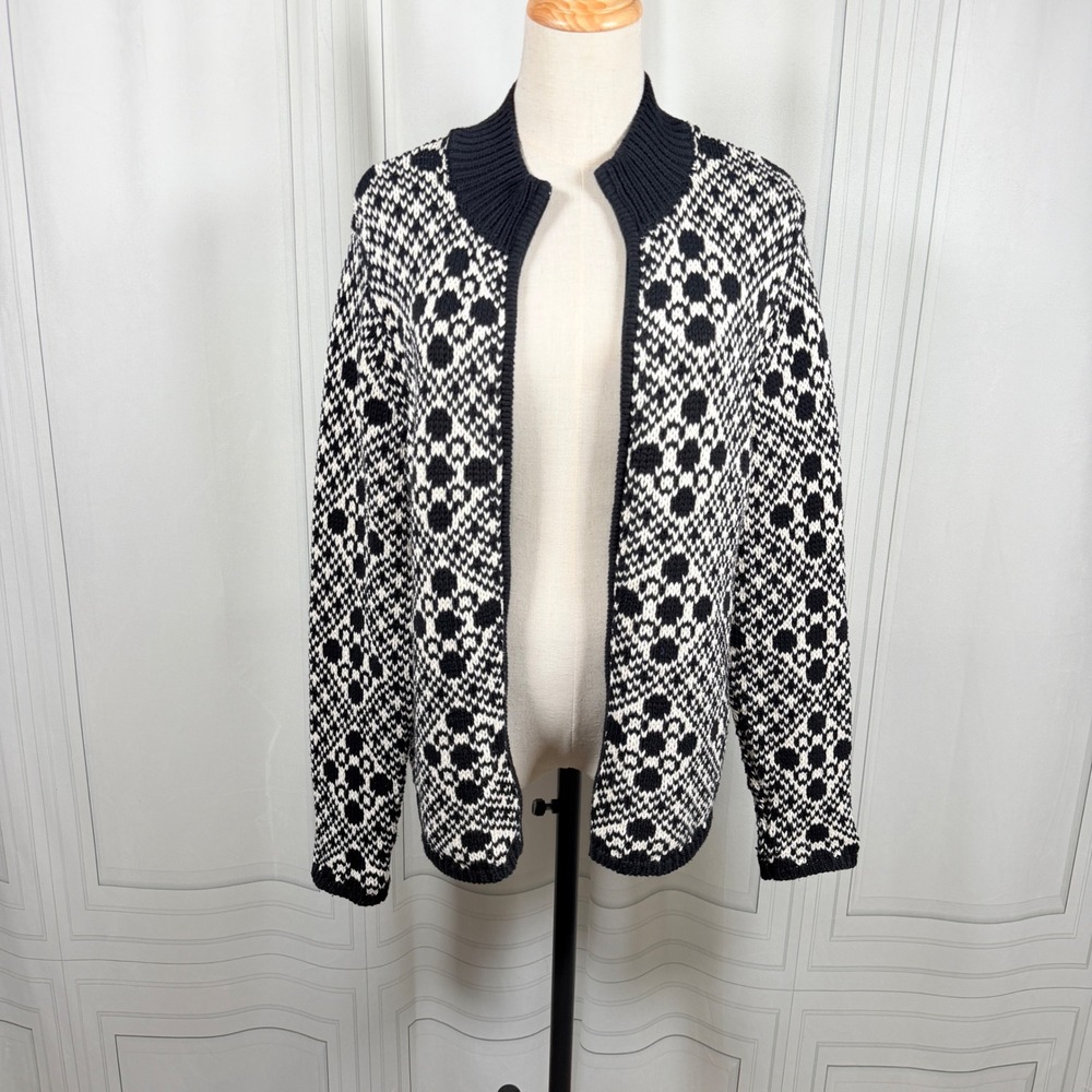Vintage 80s 90s Talbots Black Off White Nordic Knit Full Zip Sweater L Hong Kong